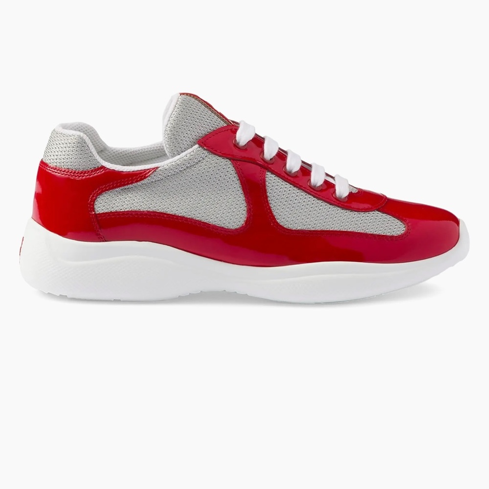 Prada Red Patent Leather and Gray Mesh Low-Top Sneakers